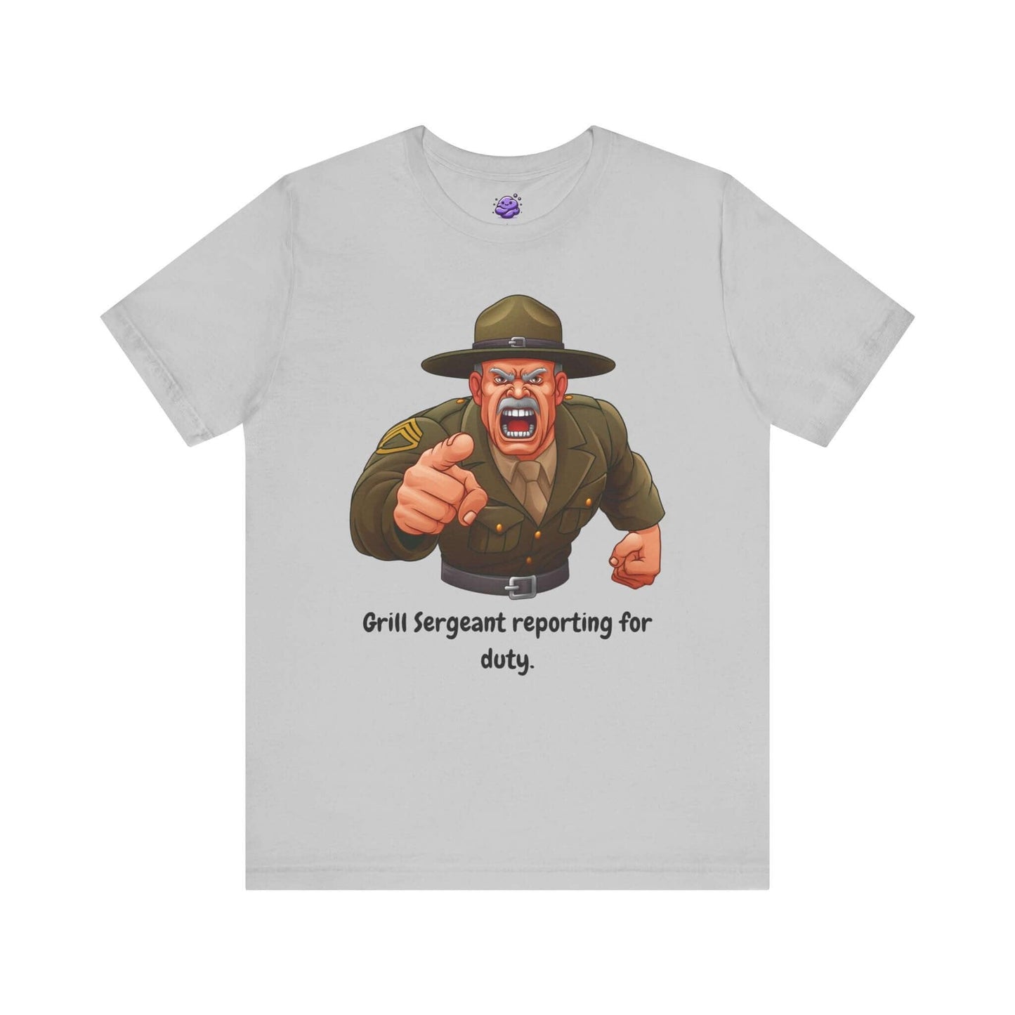 Funny Grill Sergeant graphic t-shirt for men, featuring a cartoon sergeant with text 'Grill Sergeant reporting for duty'.