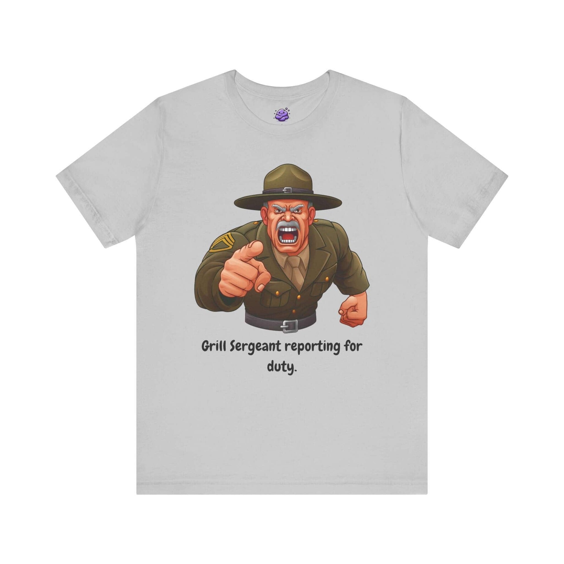 Funny Grill Sergeant graphic t-shirt for men, featuring a cartoon sergeant with text 'Grill Sergeant reporting for duty'.