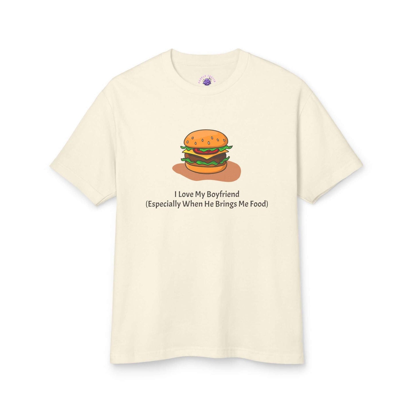 Funny foodie-themed women's t-shirt with "I Love My Boyfriend, Especially When He Brings Me Food" burger graphic, vintage style.