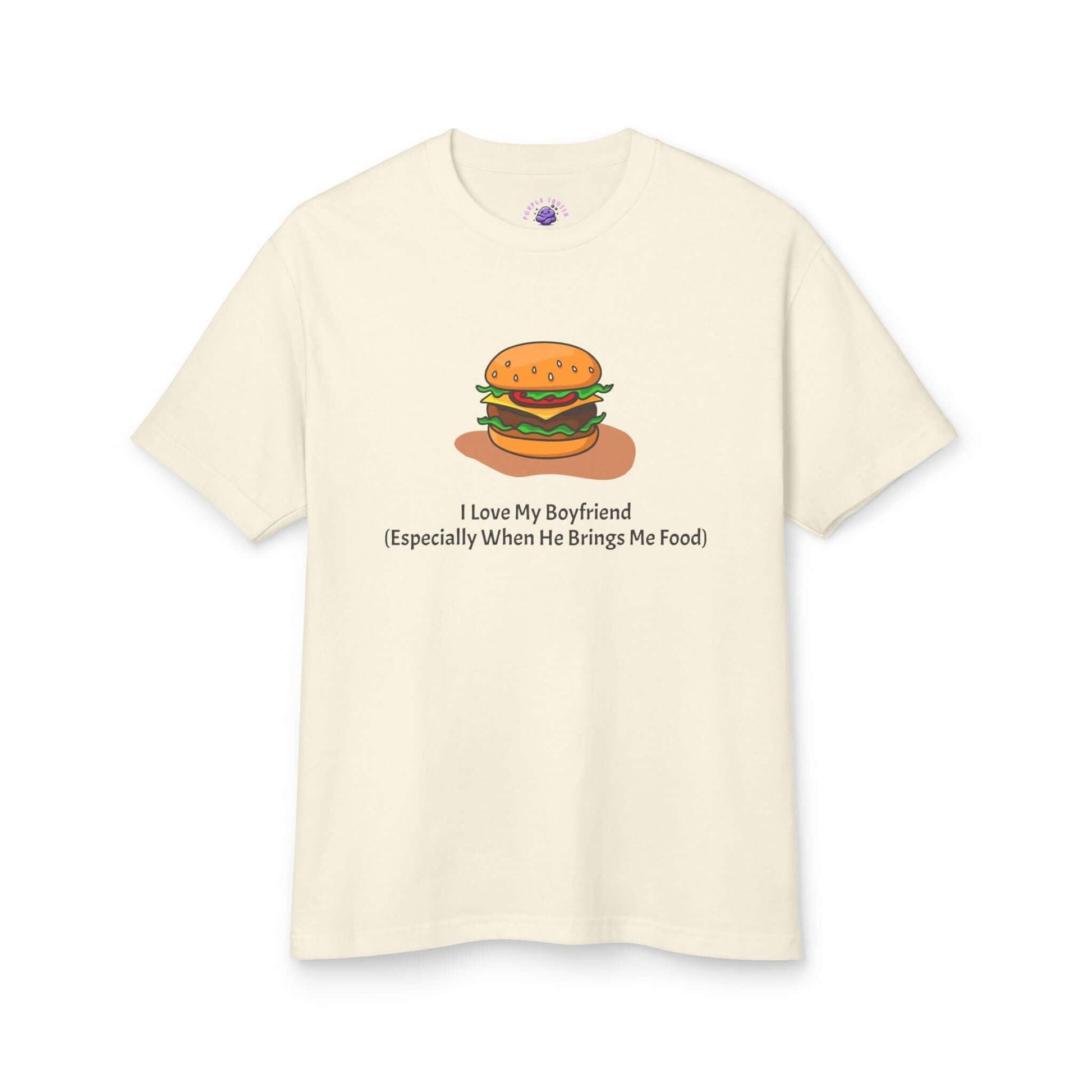 Funny foodie-themed women's t-shirt with "I Love My Boyfriend, Especially When He Brings Me Food" burger graphic, vintage style.