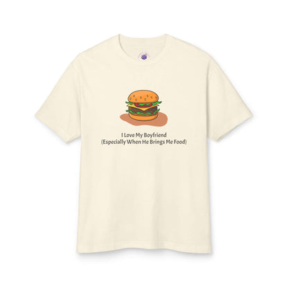 Funny foodie-themed women's t-shirt with "I Love My Boyfriend, Especially When He Brings Me Food" burger graphic, vintage style.