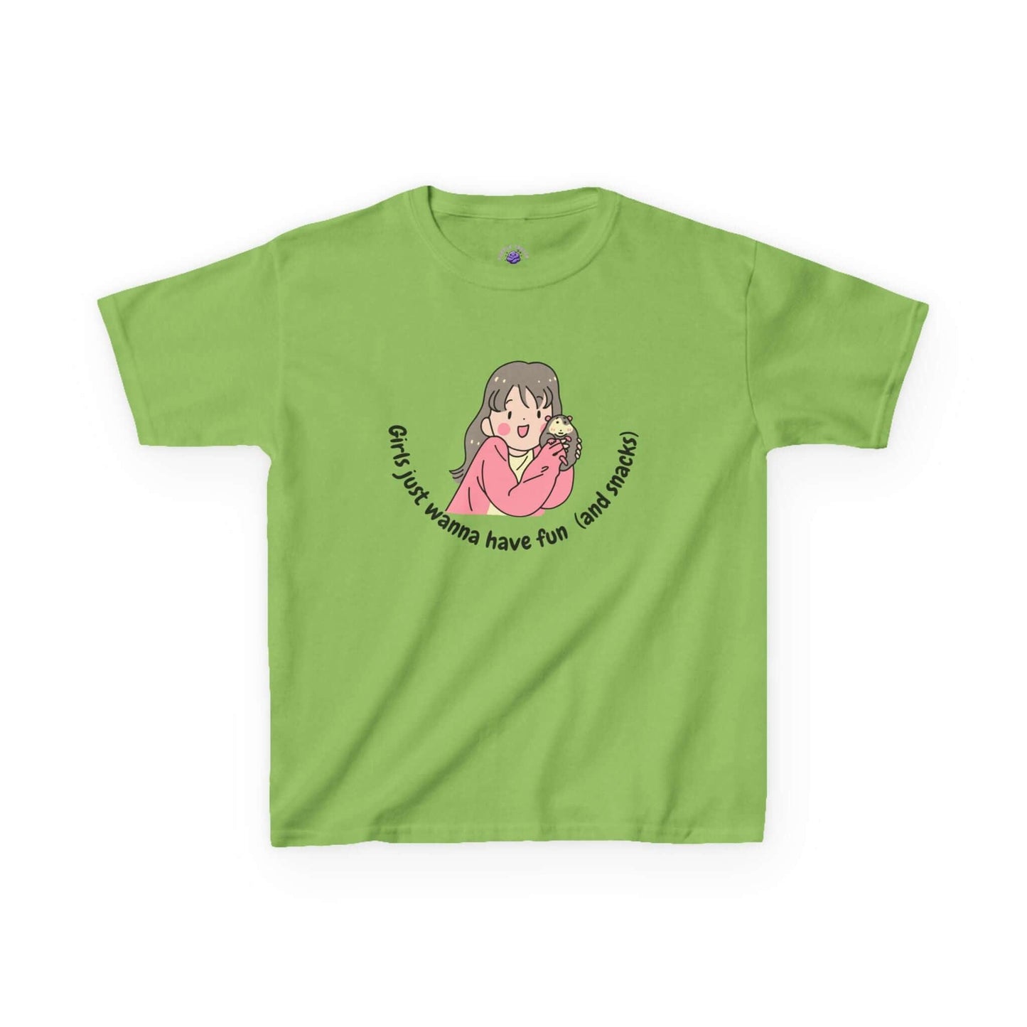 Green funny kids t-shirt with cartoon character and 'Girls just wanna have fun (and snacks)' printed text.