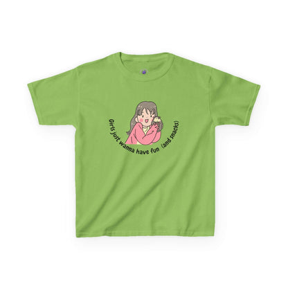 Green funny kids t-shirt with cartoon character and 'Girls just wanna have fun (and snacks)' printed text.