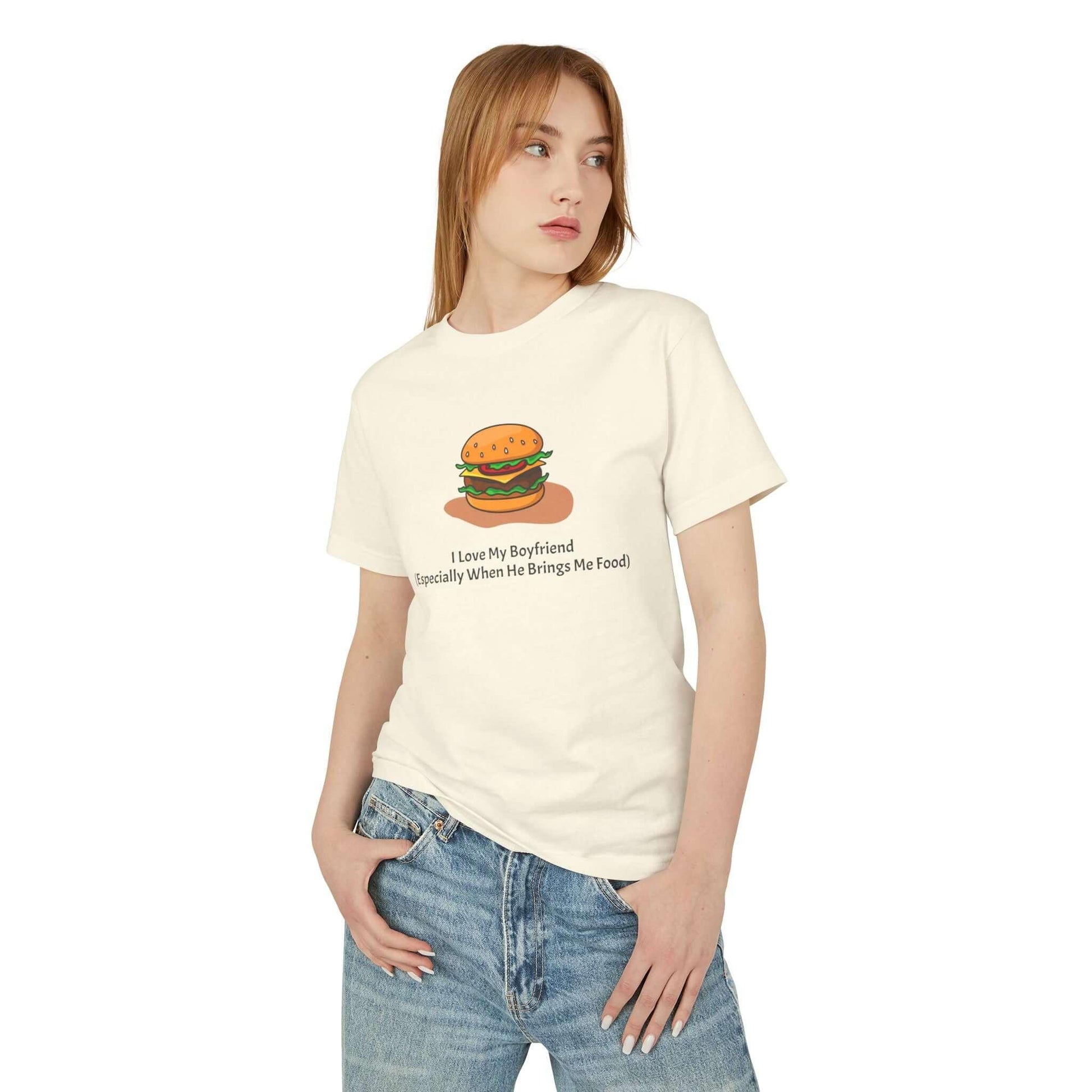 Woman wearing 'I Love My Boyfriend' foodie-themed funny t-shirt, featuring burger graphic, ideal for casual outings or food lovers.