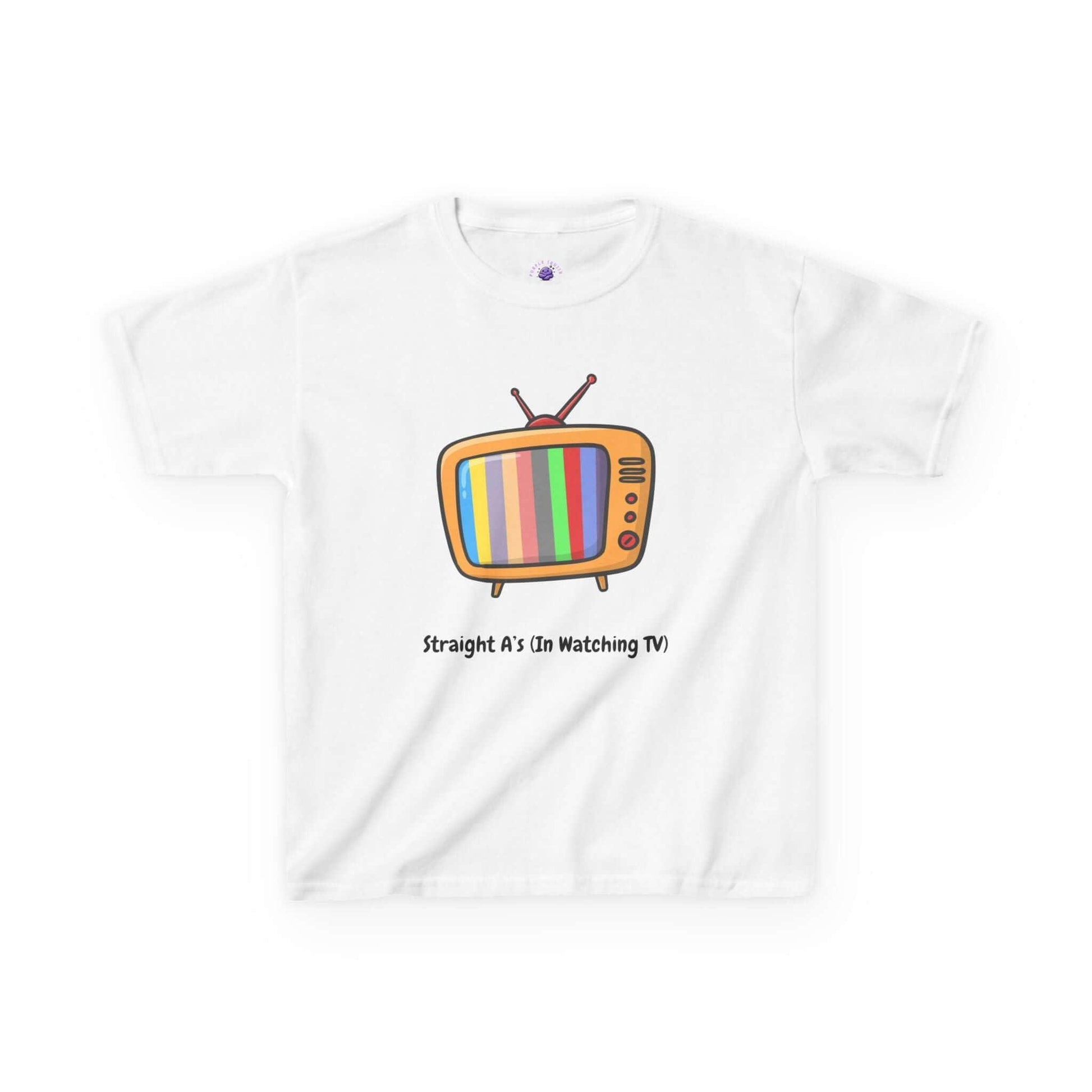 Funny kids T-shirt with vintage TV graphic and 'Straight A's in Watching TV' text, 100% cotton, durable, curl-resistant collar.