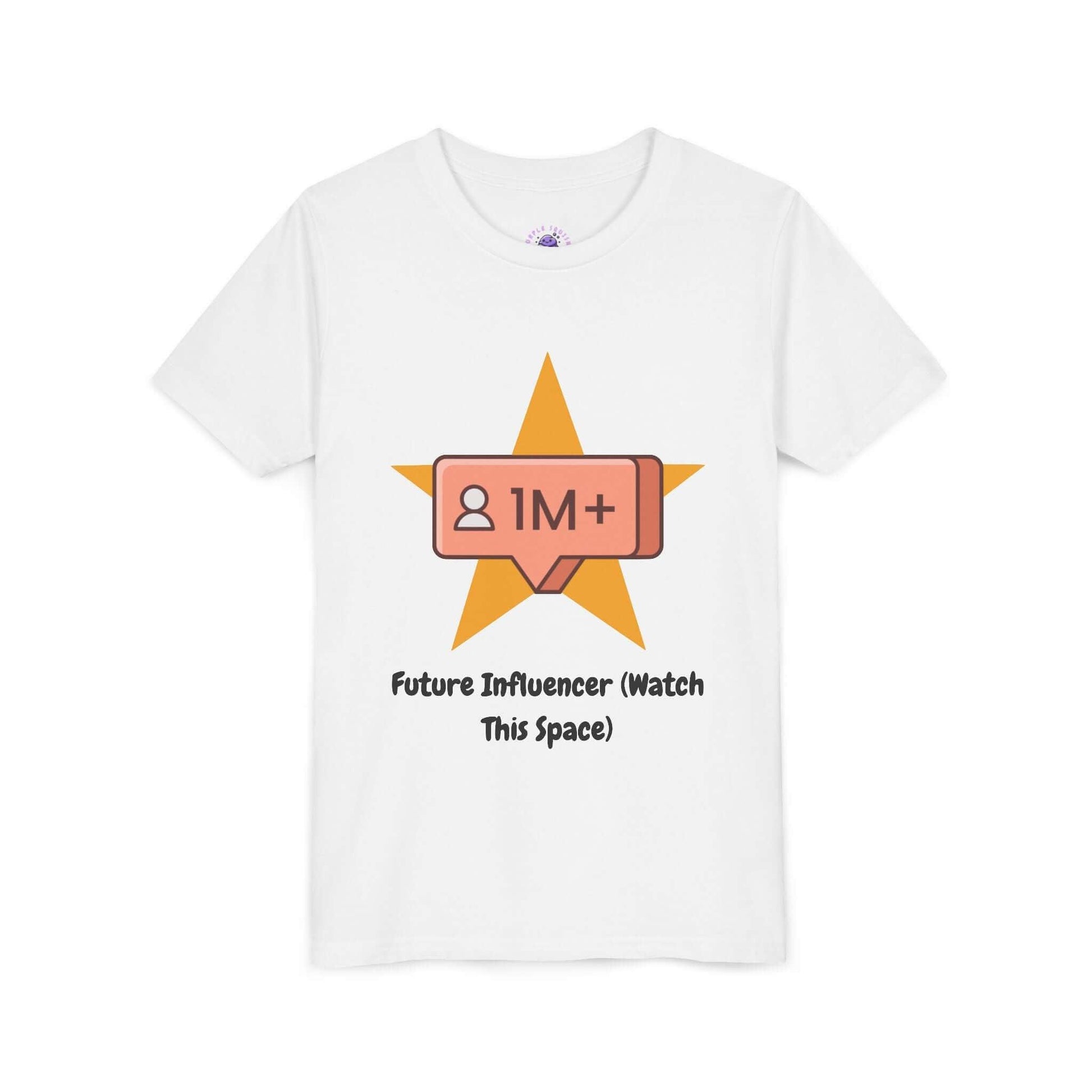 Future Influencer kids' funny T-shirt with star and 1M+ icon design, short-sleeve, ring-spun cotton for comfort and style.