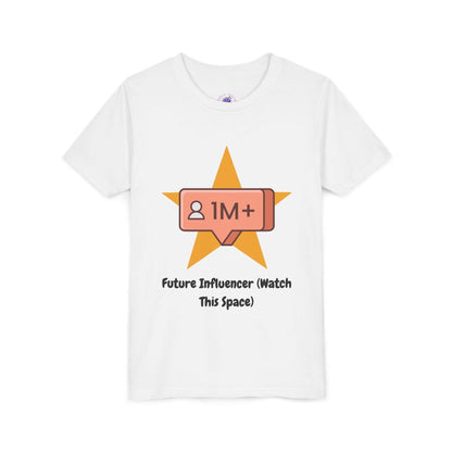 Future Influencer kids' funny T-shirt with star and 1M+ icon design, short-sleeve, ring-spun cotton for comfort and style.