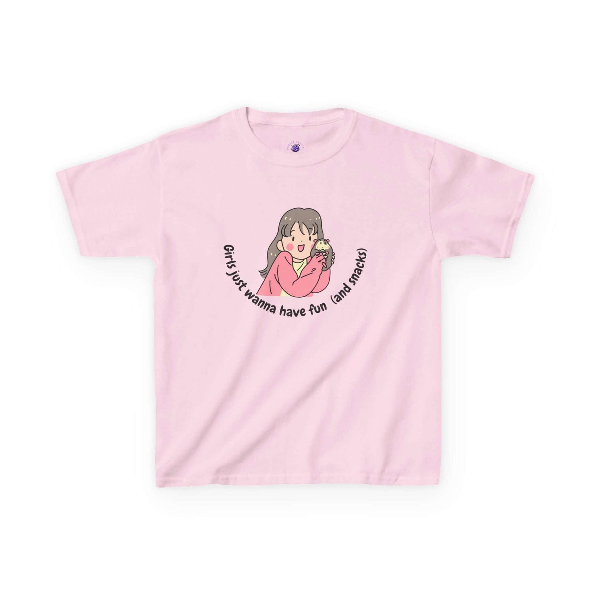 Pink kids Funny T-Shirt with 'Girls Just Wanna Have Fun (and snacks)' design, ideal for everyday wear, 100% cotton, durable and soft.