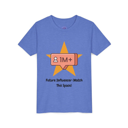 Blue kids' t-shirt with 'Future Influencer' graphic and social media icon, featuring a fun design for aspiring young trendsetters.