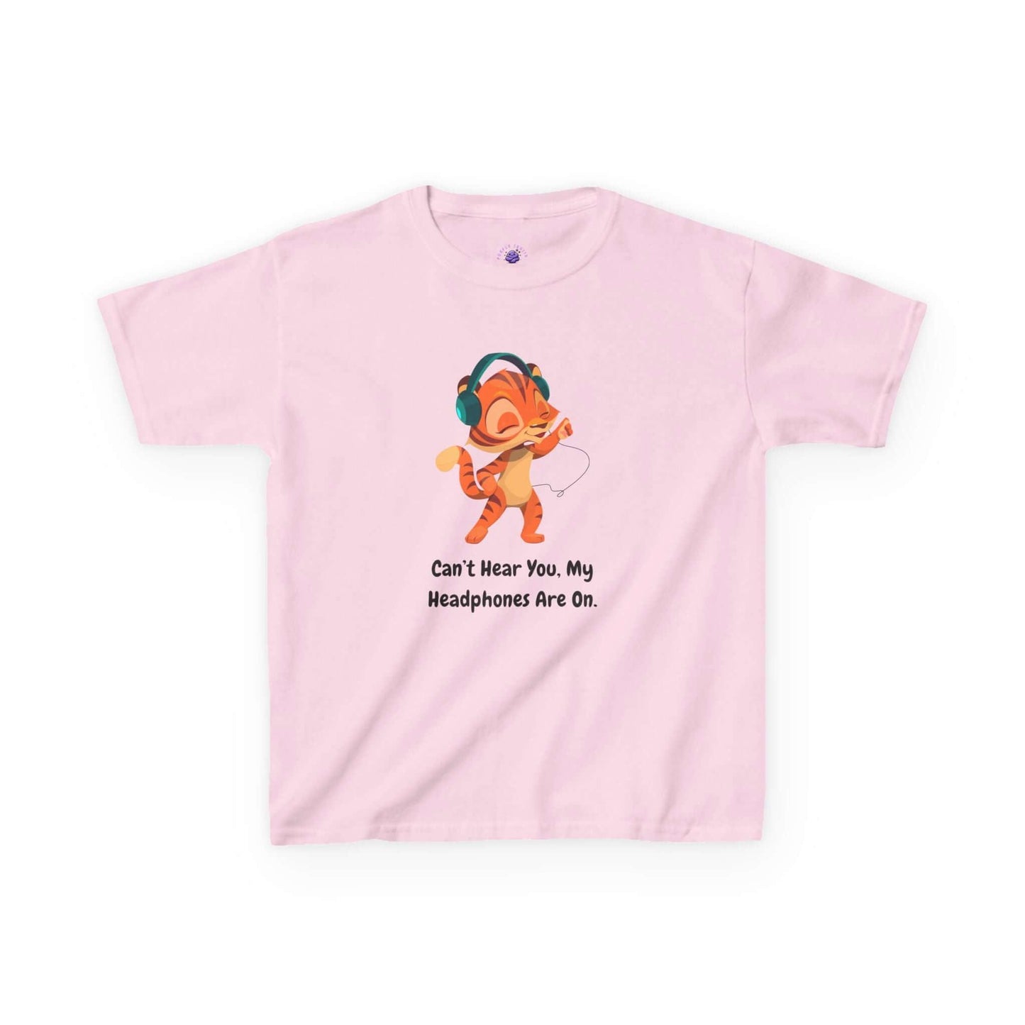 Pink kids T-shirt with cartoon character wearing headphones and text 'Can't Hear You. My Headphones Are On.'