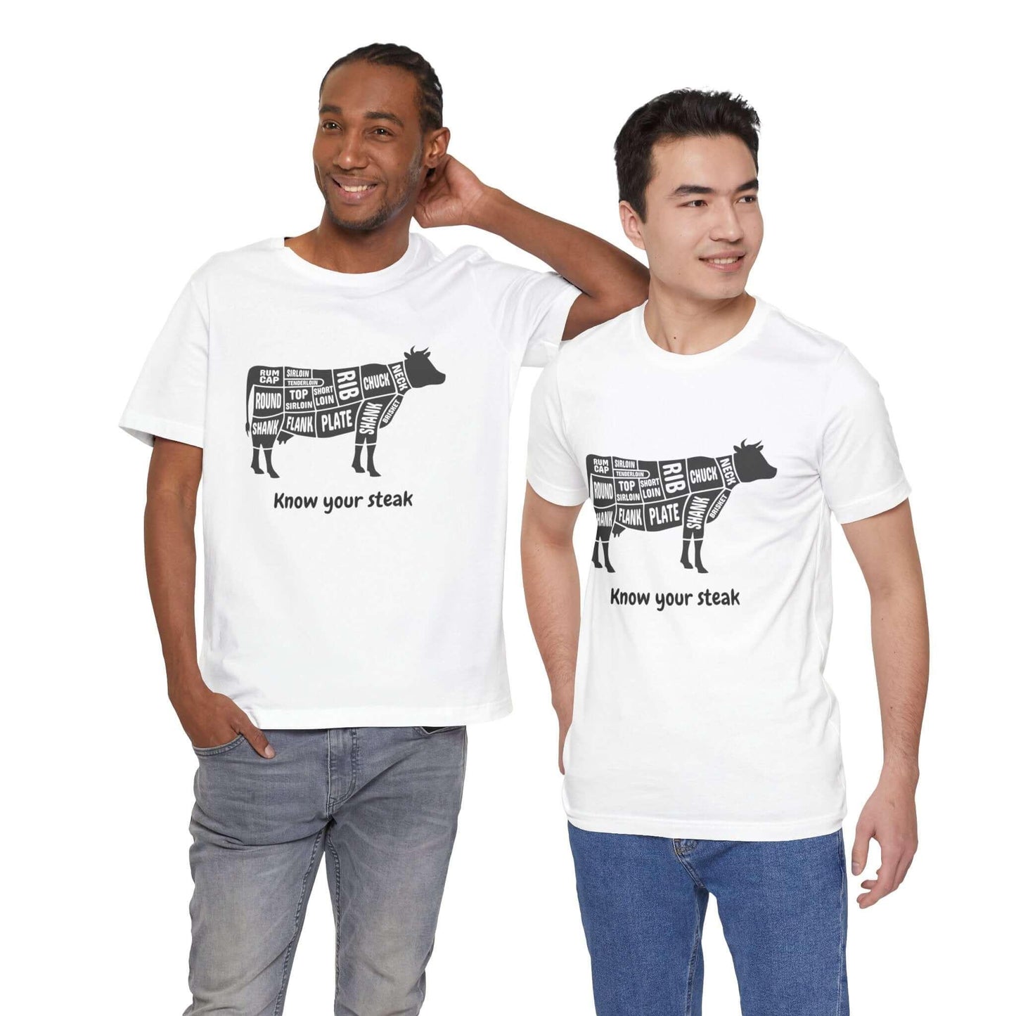 Two men wearing 'Know Your Steak' funny t-shirts with steak diagram design, classic short sleeve tees, soft cotton, perfect fit, men's fashion.