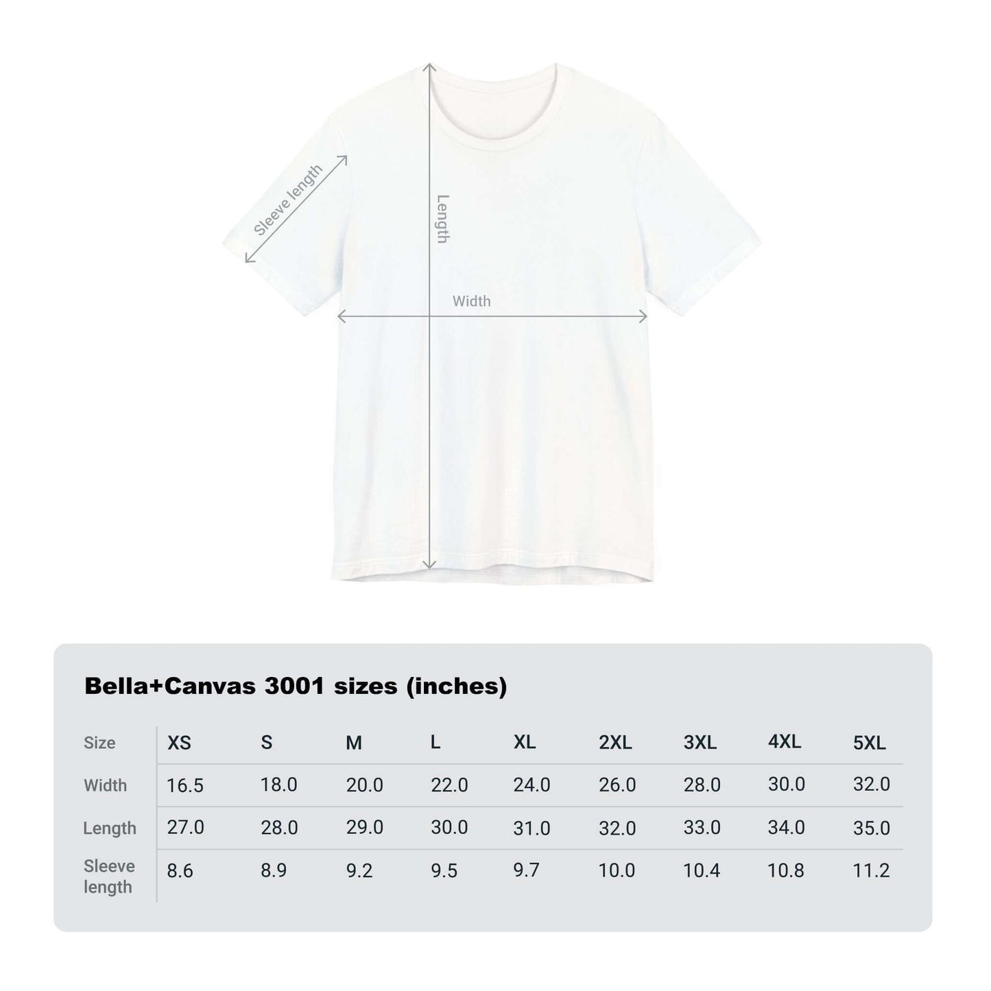 Sizing chart for Bella+Canvas 3001 t-shirts showing dimensions in inches for XS to 5XL.