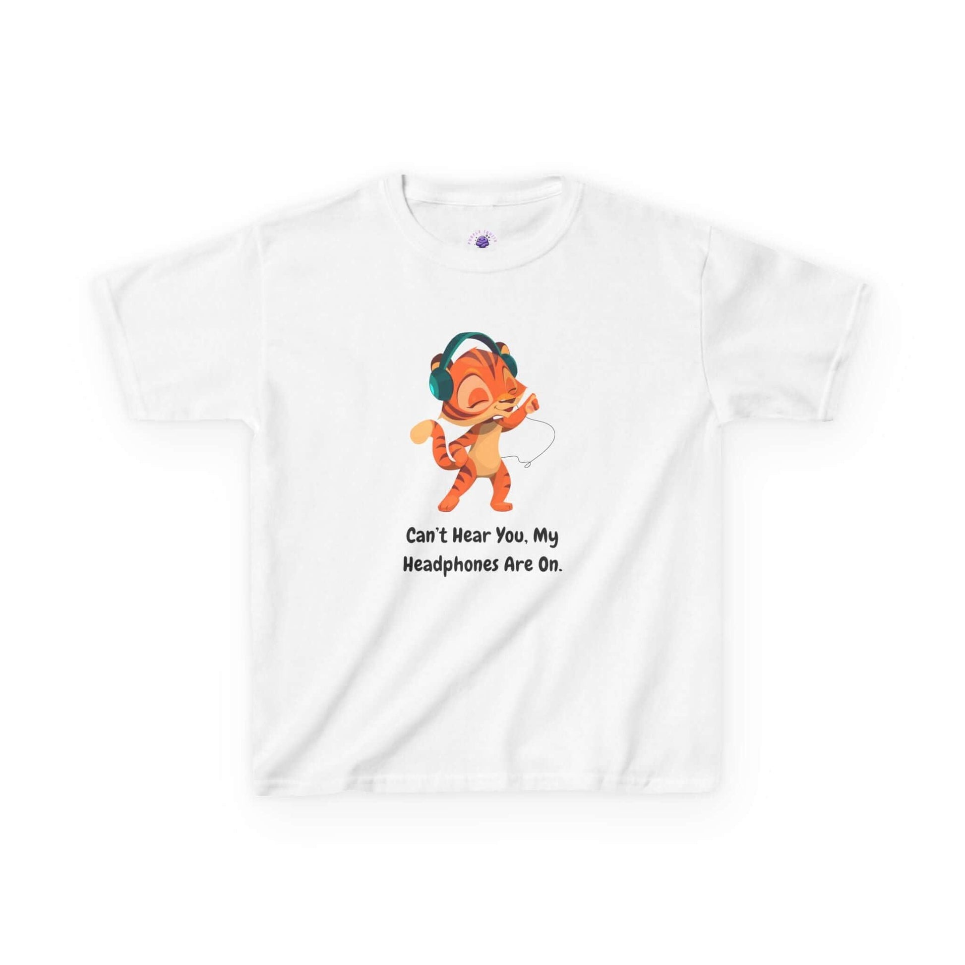 Funny kids t-shirt with cartoon character wearing headphones, slogan "Can't Hear You. My Headphones Are On." Perfect for everyday wear.