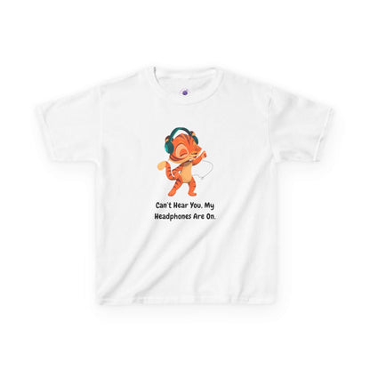 Funny kids t-shirt with cartoon character wearing headphones, slogan "Can't Hear You. My Headphones Are On." Perfect for everyday wear.