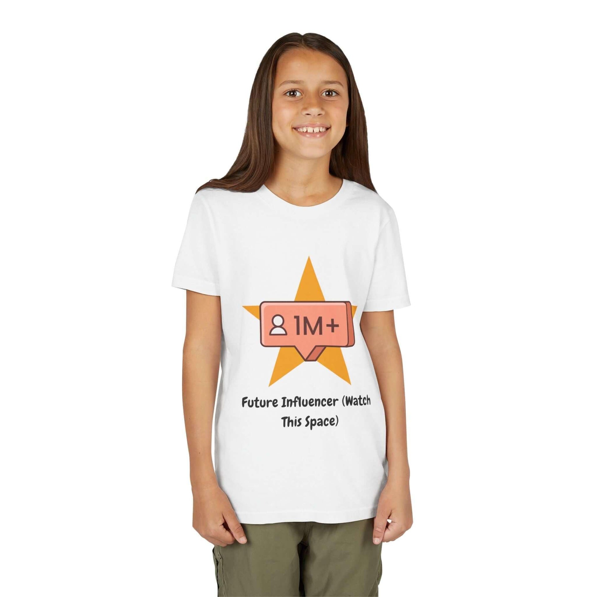 Young girl wearing a 'Future Influencer' funny t-shirt for kids, featuring a star design and 1M+ followers icon, perfect for aspiring influencers.