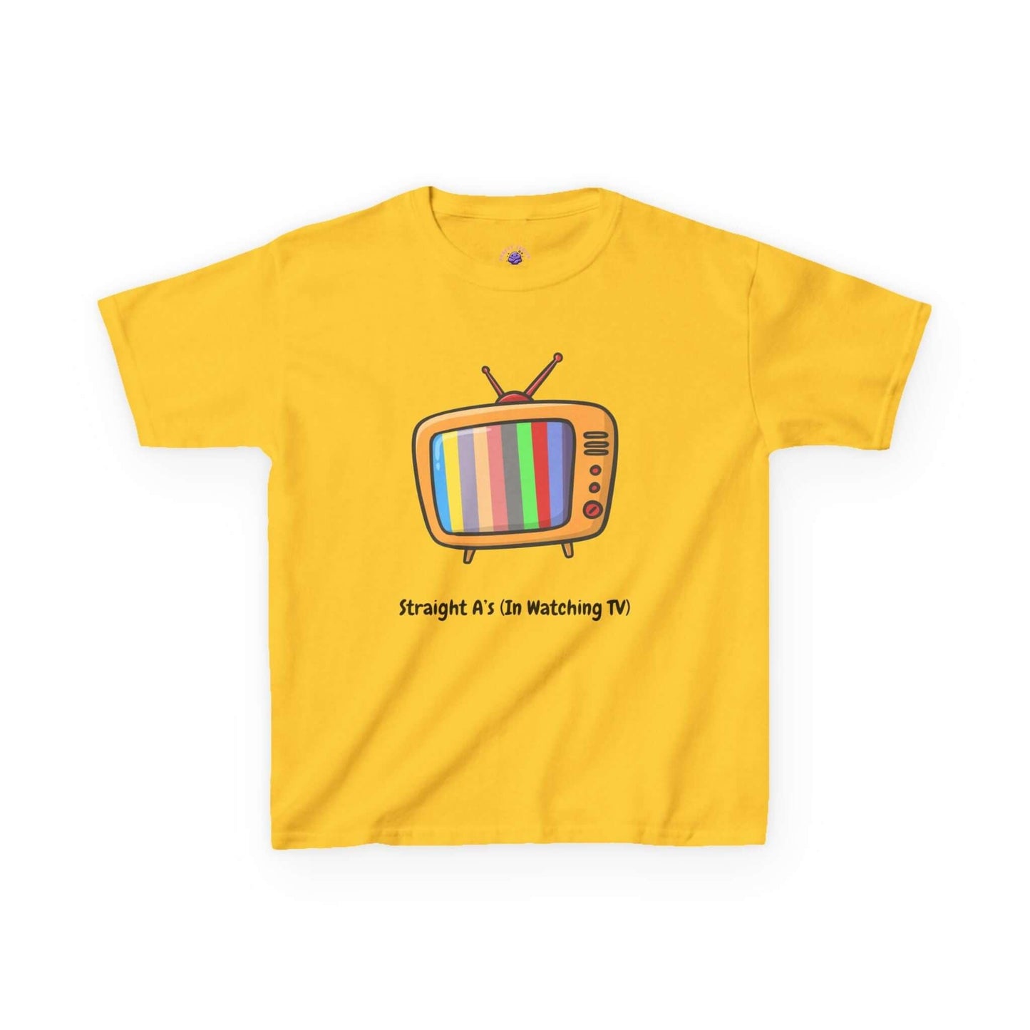 Yellow kids' t-shirt with a colorful vintage TV print and 'Straight A's in Watching TV' caption. Perfect for everyday wear. 100% cotton.