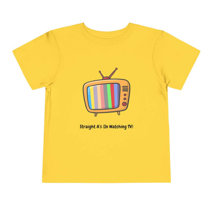 Yellow toddler T-shirt with colorful TV design and the text 'Straight A's in Watching TV', made from 100% combed ring-spun cotton.