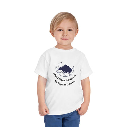 Toddler wearing funny 'Nap Life' T-shirt with cloud and moon design, 100% Airlume cotton, perfect for everyday comfortable wear