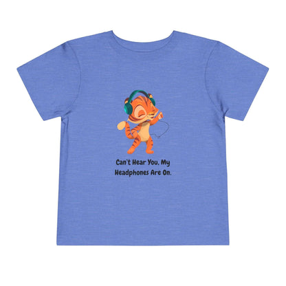 Funny toddler T-shirt with cartoon tiger wearing headphones and text 'Can't Hear You, My Headphones Are On', in blue color.