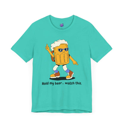 Funny couples T-shirt with dancing beer mug and slogan "Hold my beer... watch this" on turquoise background.