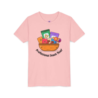 Pink kids' T-shirt with 'Professional Snack Thief' design, featuring snacks in a bowl. Ideal funny apparel for children.