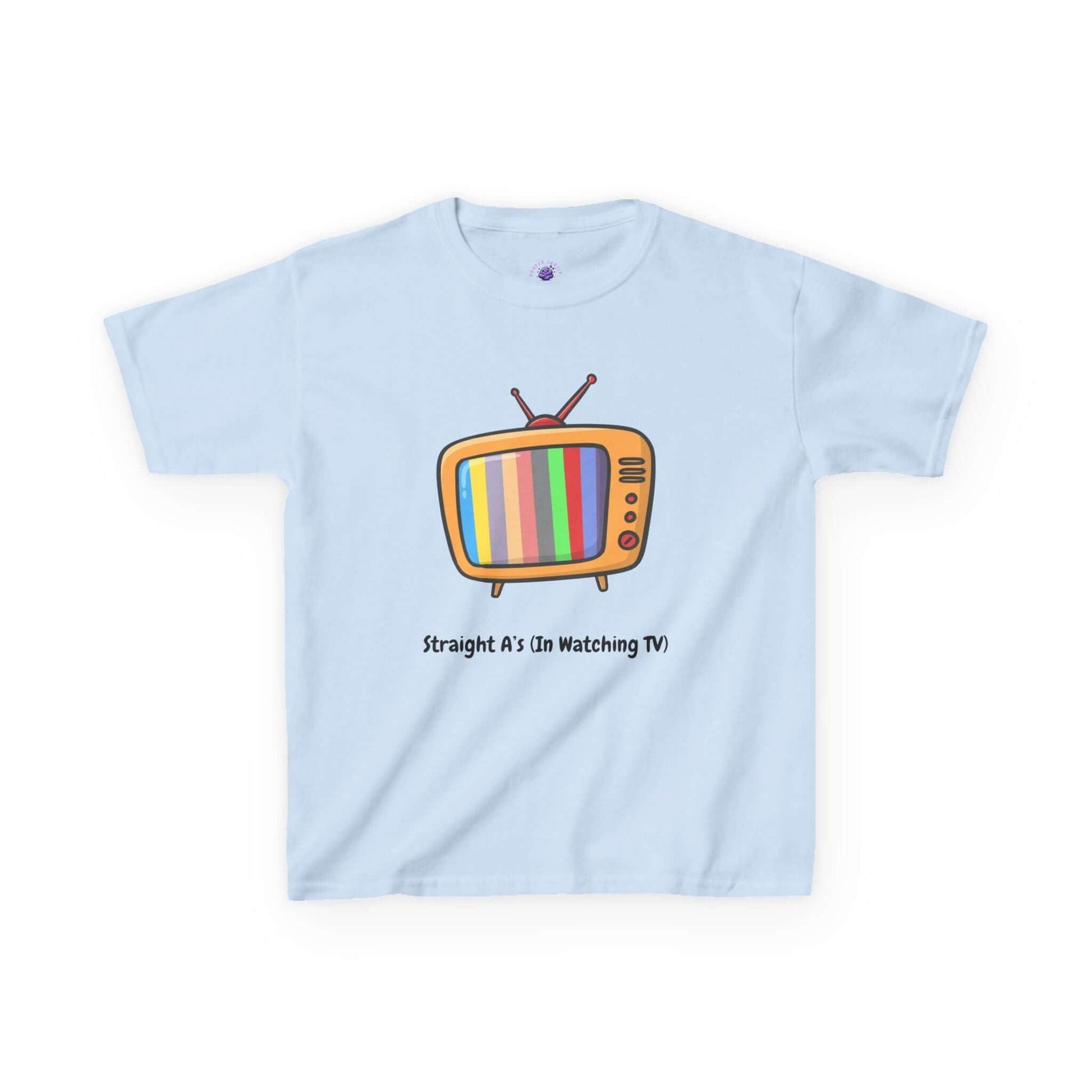 Kids' funny t-shirt with a colorful retro TV graphic and text 'Straight A's in Watching TV', made of durable cotton blend, light blue.