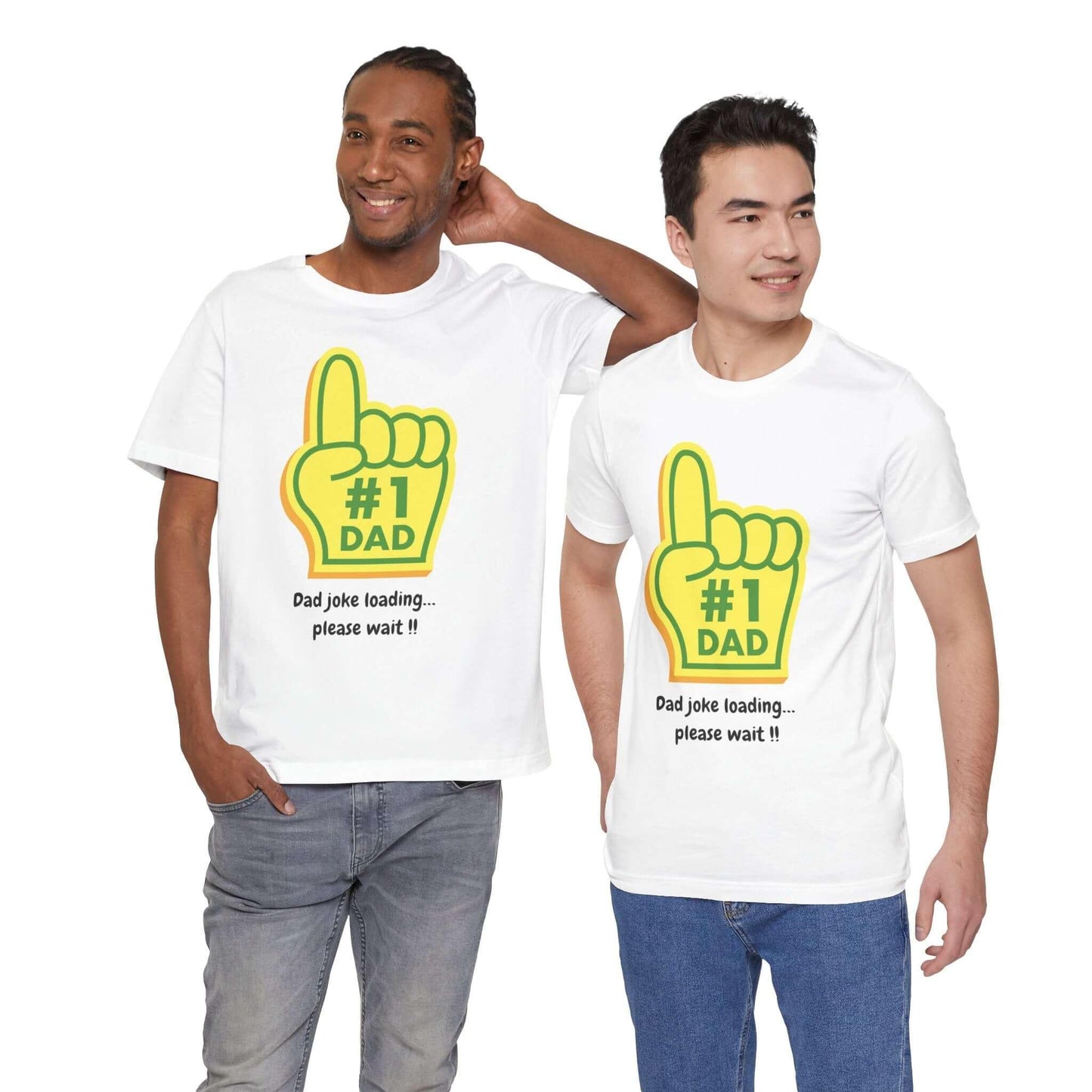 Two men wearing funny #1 Dad t-shirts with a yellow foam finger design, promoting humor for fathers.