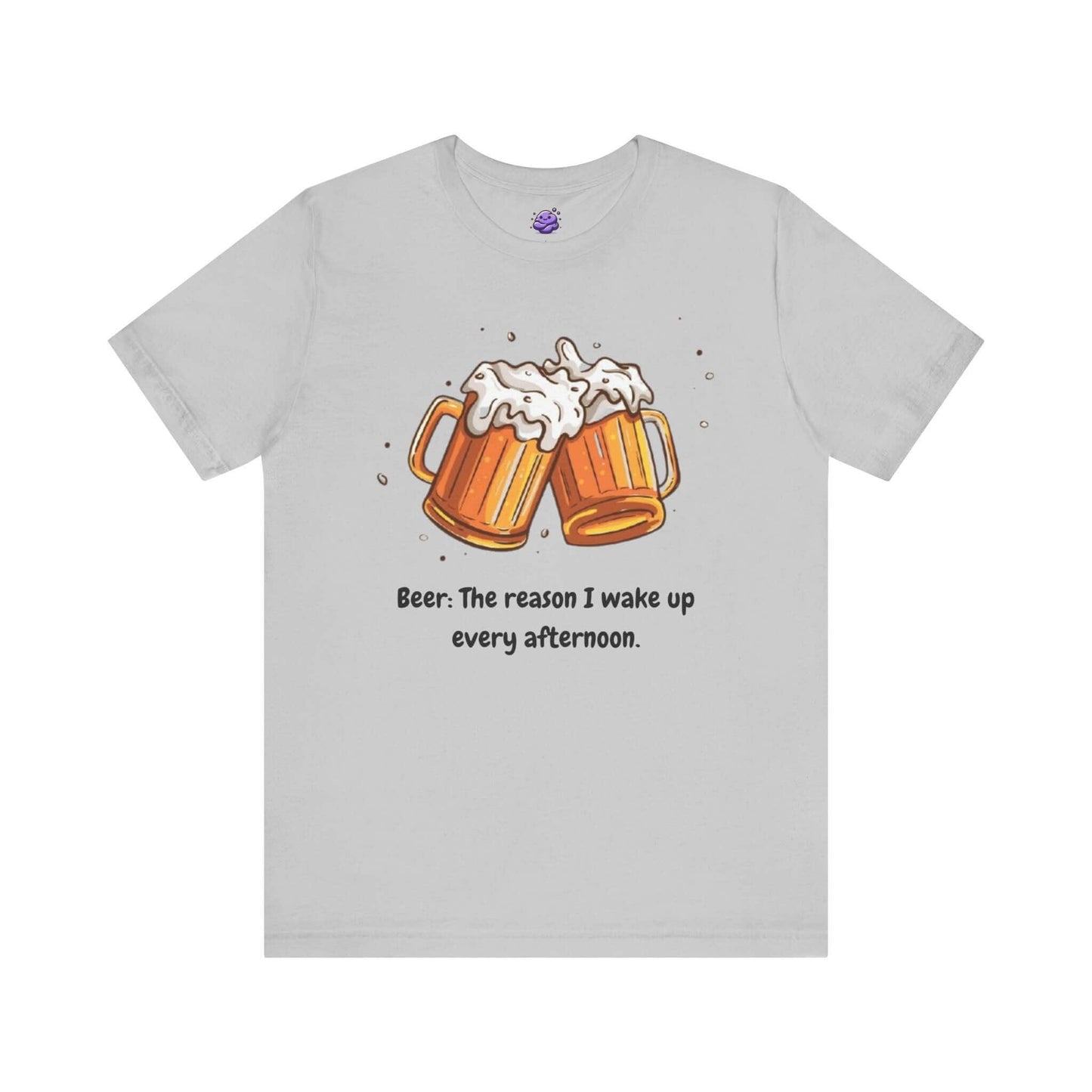 Funny men's t-shirt design with beer mugs and tagline 'Beer: The reason I wake up every afternoon'