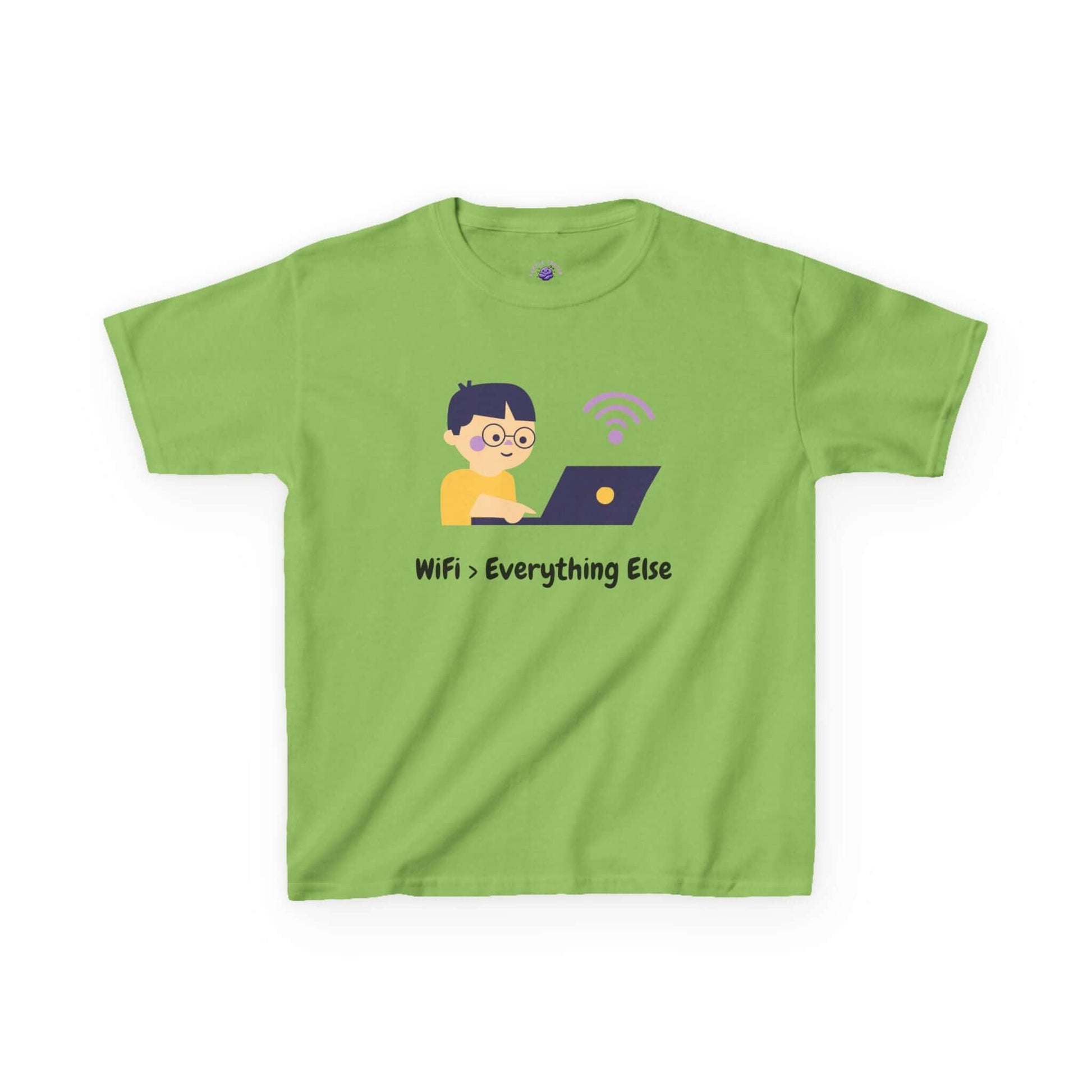 Green kids t-shirt with cartoon of boy using laptop, text 'Wifi > Everything Else', cotton fabric, durable design, funny gift idea.