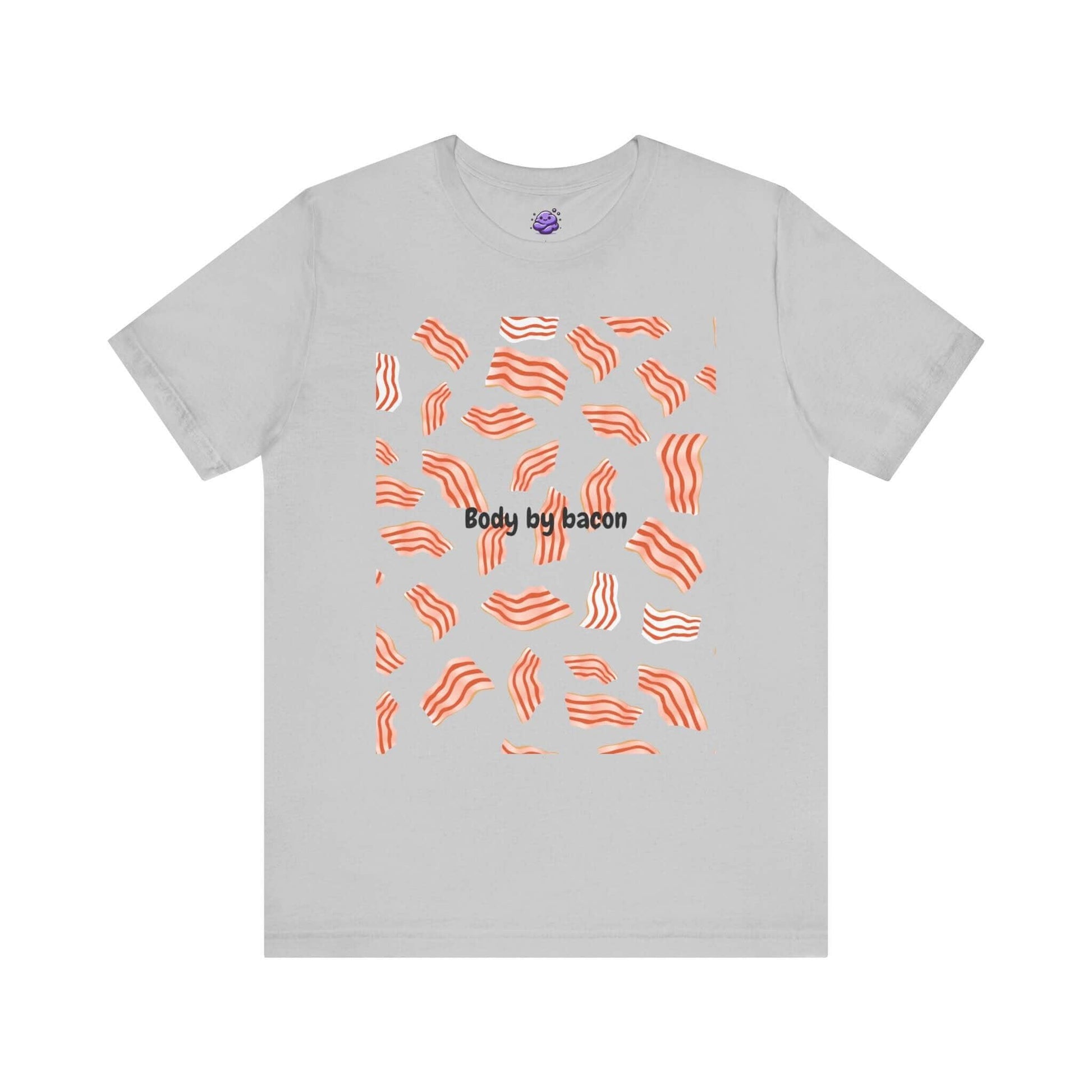 Body by Bacon funny men's t-shirt featuring bacon pattern on a light gray short sleeve tee.