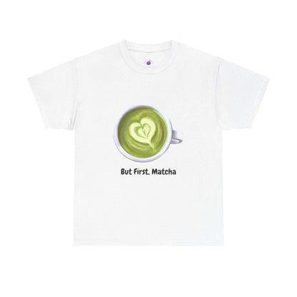 White T-shirt featuring a matcha latte graphic with heart art and 'But First, Matcha' text, perfect for casual fashion.