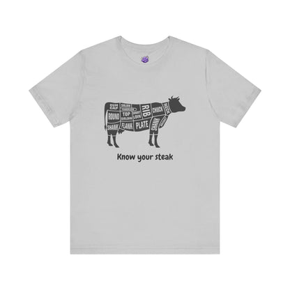 Men's funny T-shirt "Know your Steak" with cow steak cuts graphic, soft cotton, classic fit, humorous fashion for men.