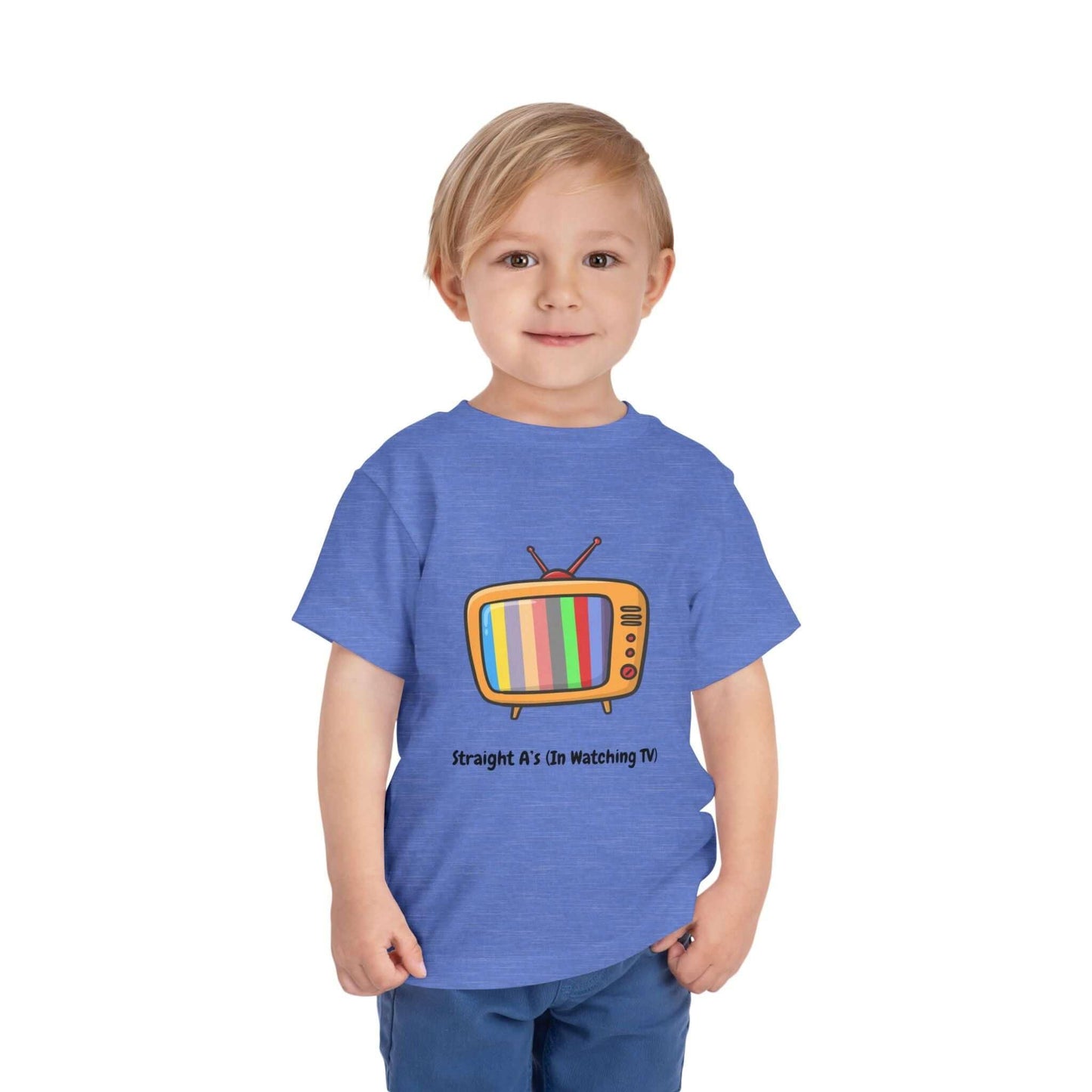 Toddler wearing a blue Funny T-Shirt with vintage TV graphic, caption 'Straight A's in TV watching' on soft cotton fabric.