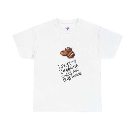 White women's t-shirt with coffee beans graphic and "I run on caffeine, chaos, and cuss words" text, casual funny theme.