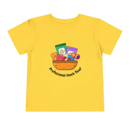 Yellow toddler t-shirt with 'Professional Snack Thief' graphic, perfect for kids. 100% cotton, comfortable and playful design.