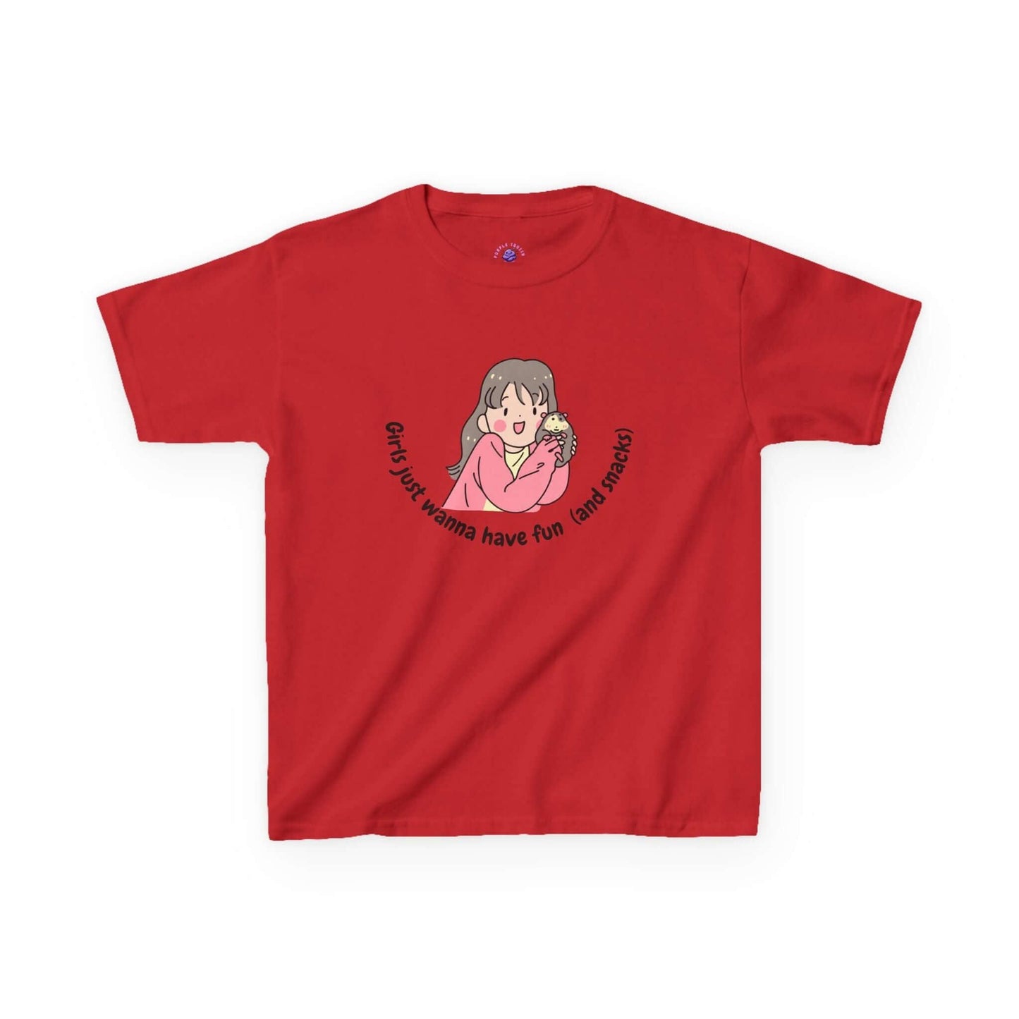 Red fun and snacks kids t-shirt with cartoon graphic and text, perfect for everyday wear, 100% cotton fabric.