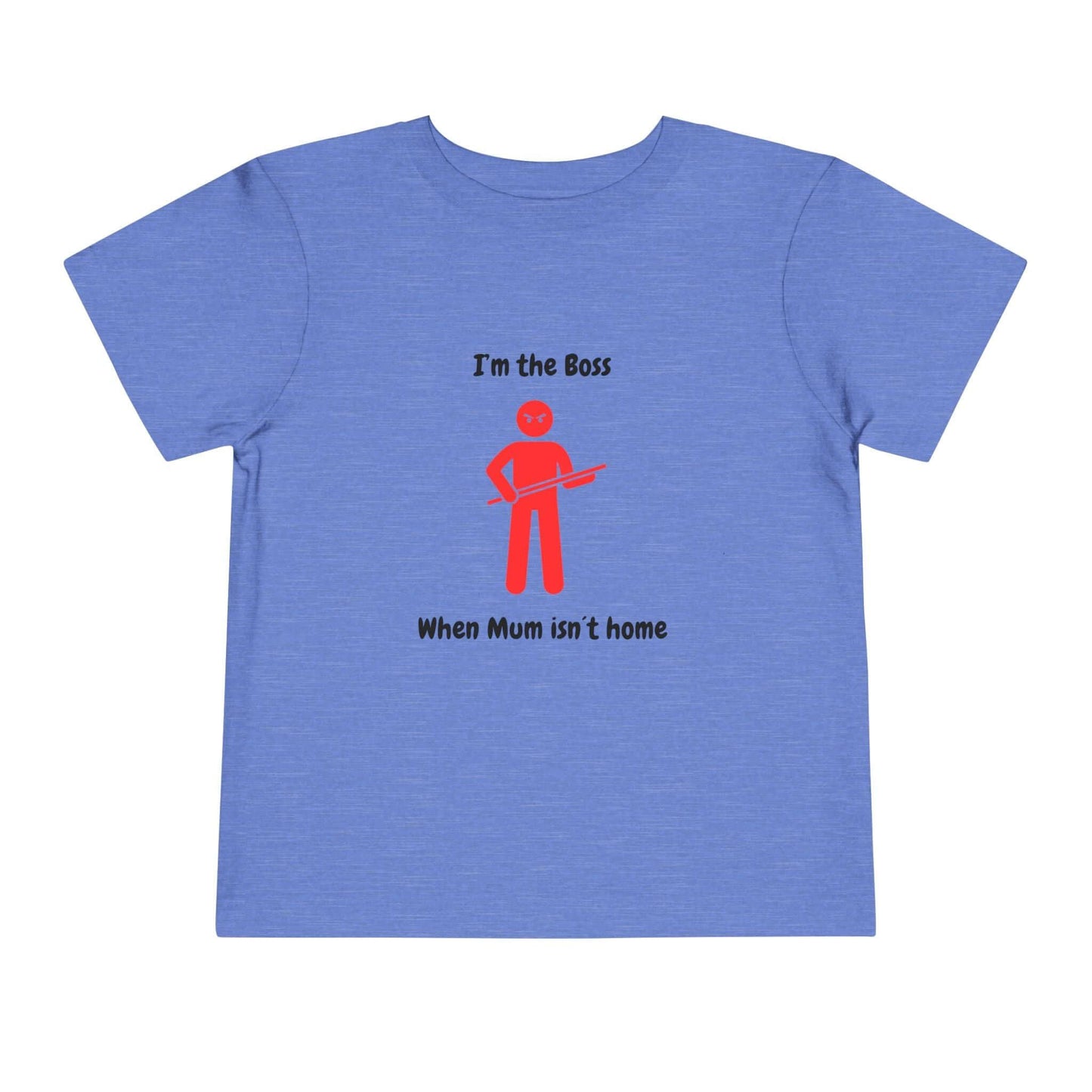 Funny toddler t-shirt in blue with 'I'm the Boss' slogan and red stick figure design.