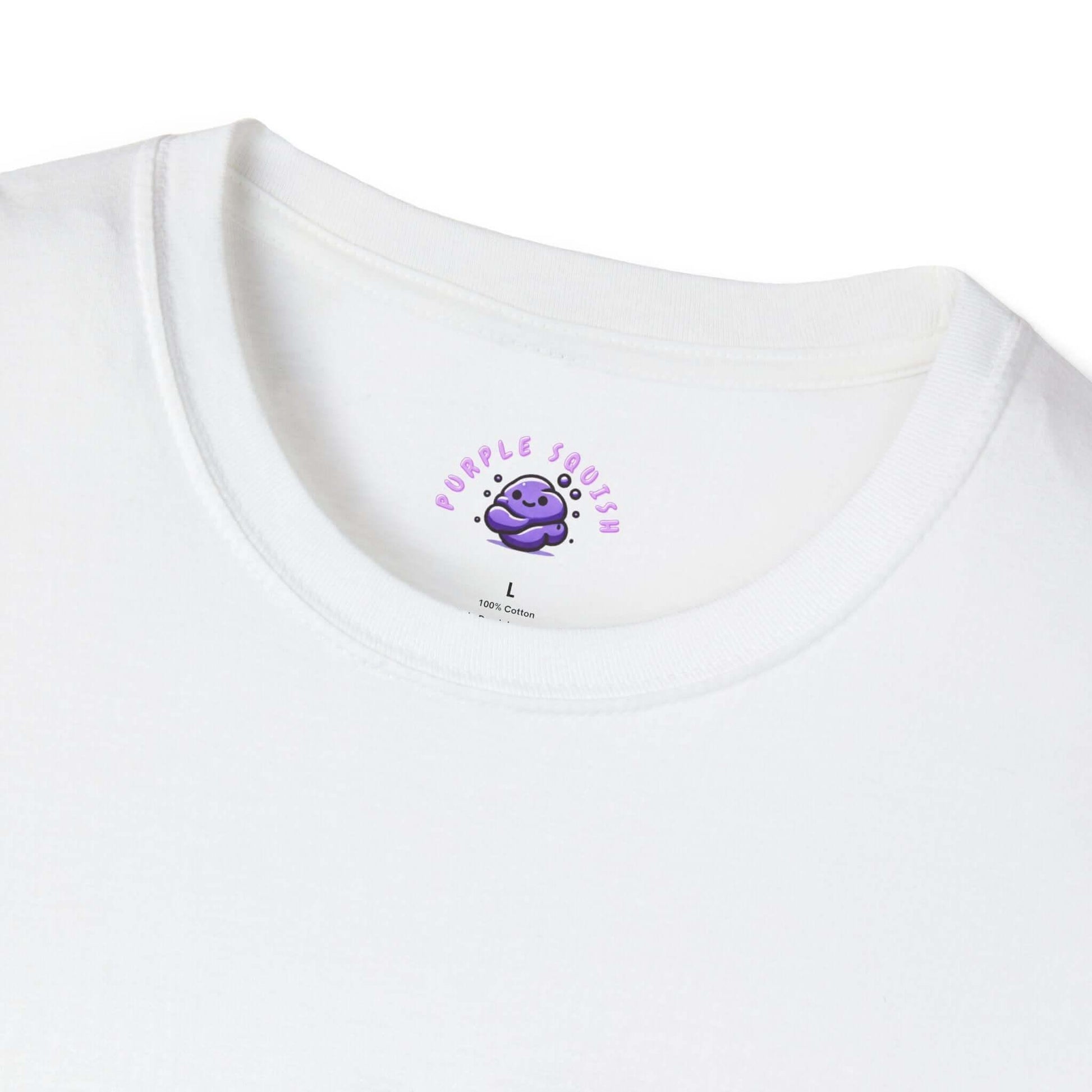 Close-up of a white t-shirt with a purple cartoon logo inside the collar.