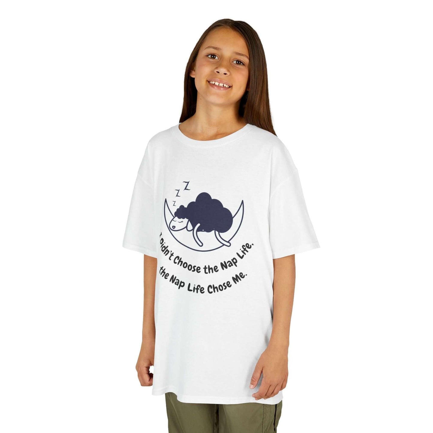 Child wearing white t-shirt with nap time graphic and funny slogan