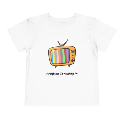 Funny toddler t-shirt with colorful retro TV design and 'Straight A's in Watching TV' text, made from soft cotton.