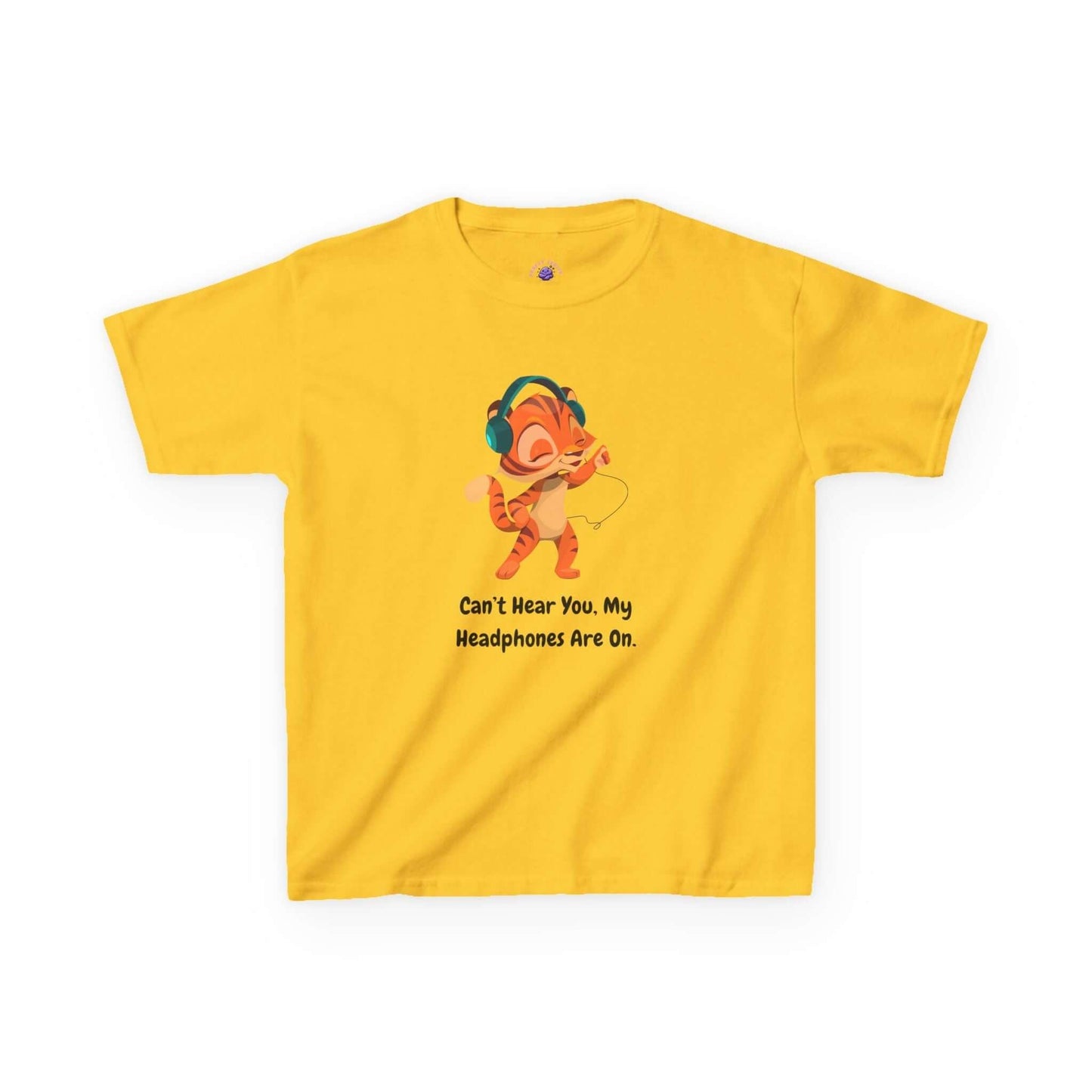 Yellow kids T-shirt with cartoon character wearing headphones and 'Can't Hear You, My Headphones Are On' text on the front.