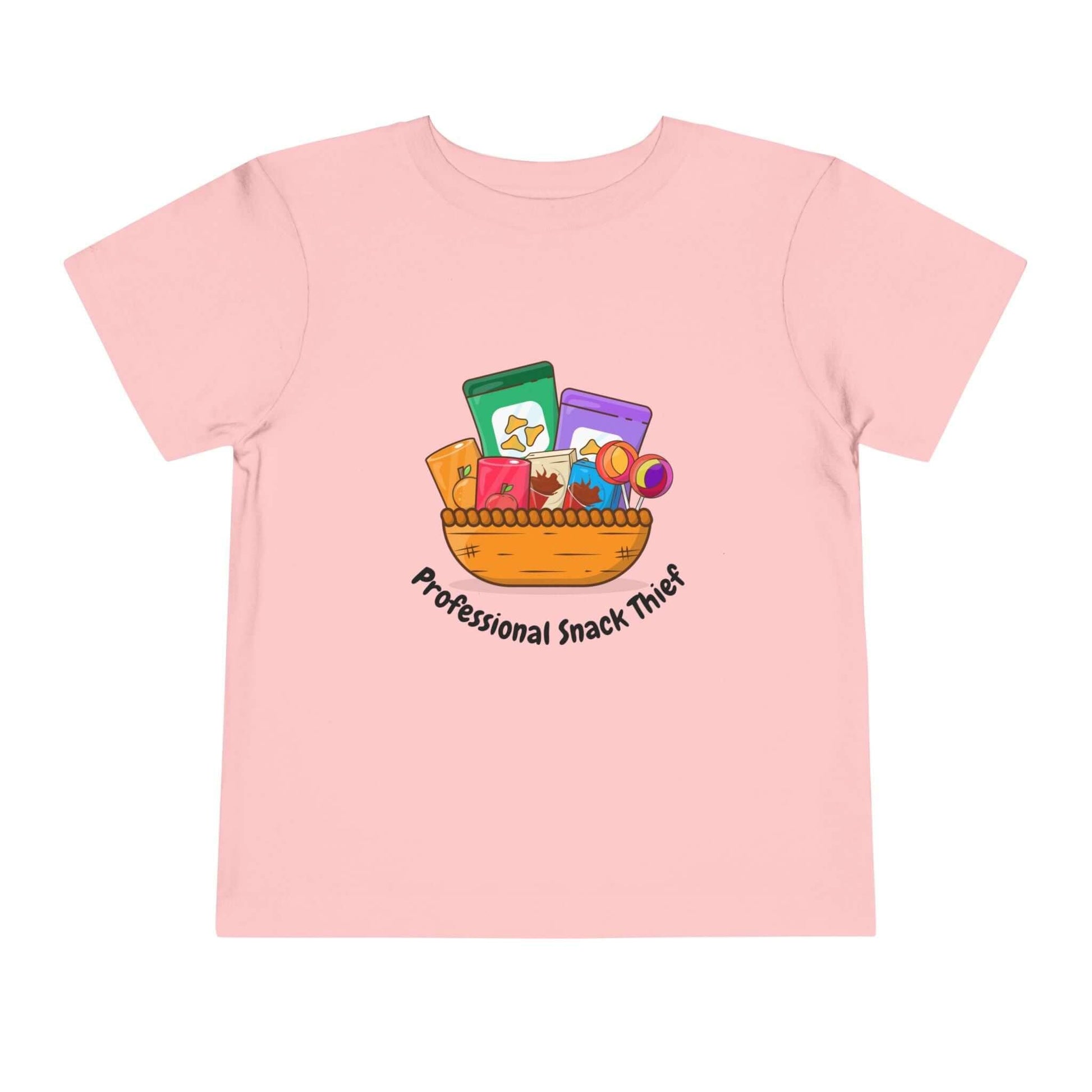 Pink toddler t-shirt with 'Professional Snack Thief' design, featuring snacks in a basket, made from 100% airlume combed cotton.