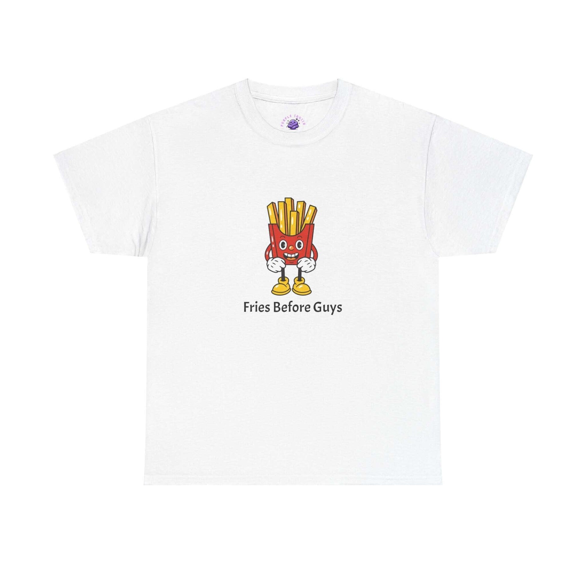 White 'Fries Before Guys' funny t-shirt with cartoon fries, perfect for foodie women looking for humor in casual wear.