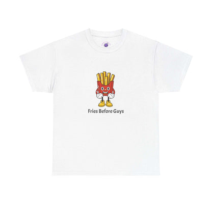 White 'Fries Before Guys' funny t-shirt with cartoon fries, perfect for foodie women looking for humor in casual wear.