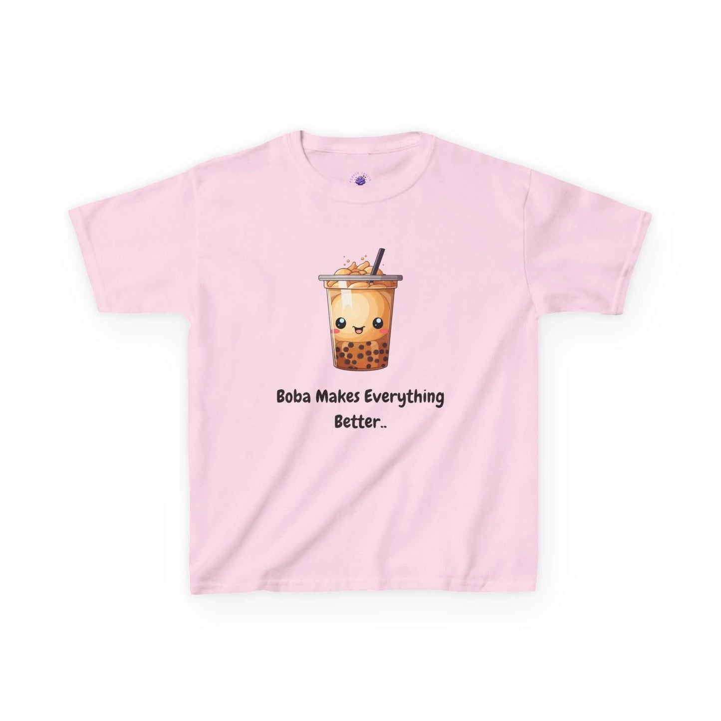 Pink kids t-shirt with a cute boba tea graphic and text 'Boba Makes Everything Better.' Perfect for everyday wear, 100% cotton.