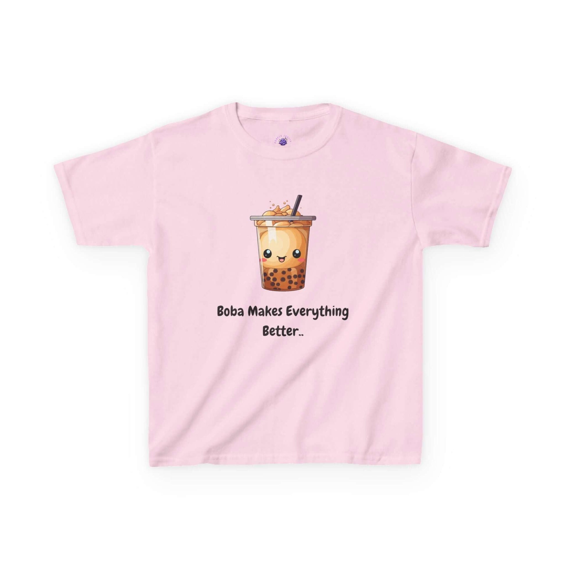 Pink kids t-shirt with a cute boba tea graphic and text 'Boba Makes Everything Better.' Perfect for everyday wear, 100% cotton.