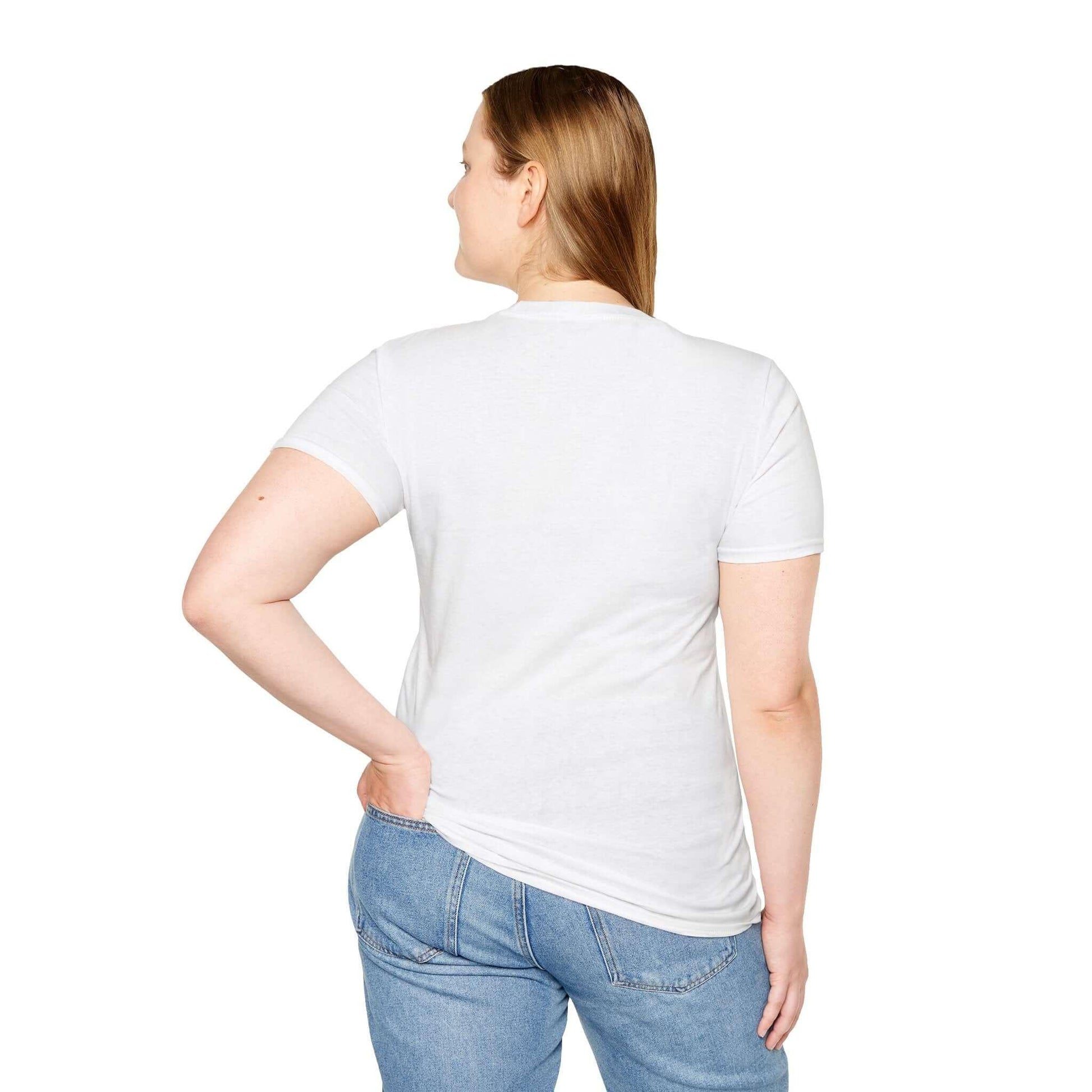 Back view of a woman wearing a plain white funny t-shirt, showcasing soft cotton material and classic fit, with hands on her hips.