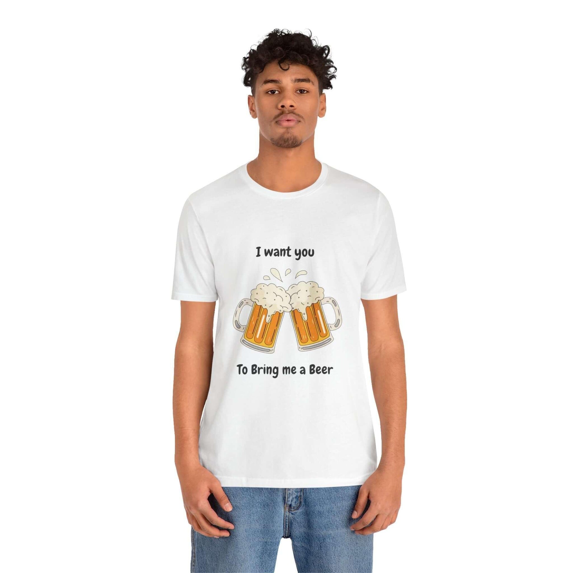 Funny 'Bring me a Beer' t-shirt for men featuring two beer mugs on a white background.