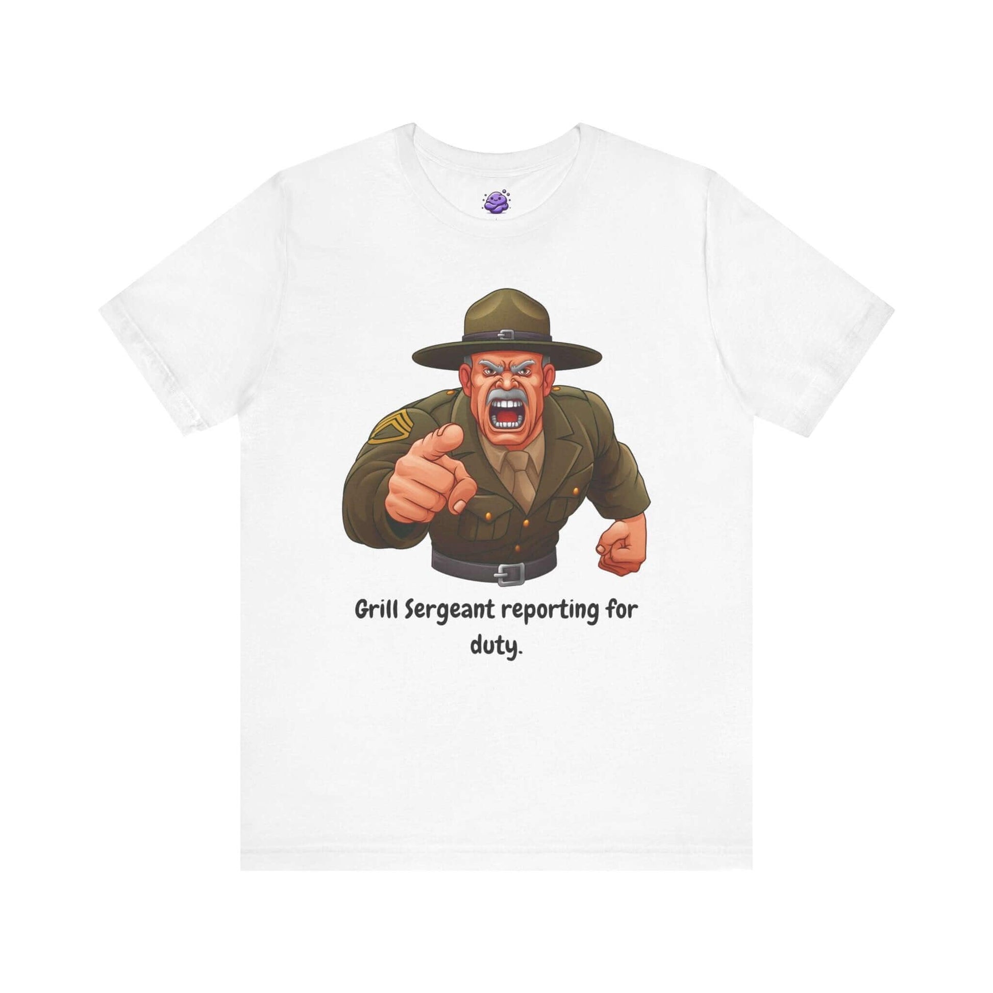 Funny Grill Sergeant graphic t-shirt for men with cartoon design and text 'Grill Sergeant reporting for duty'.