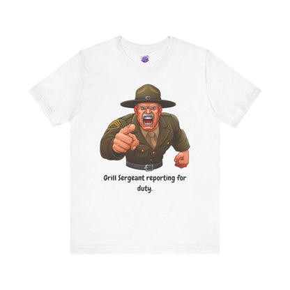 Funny Grill Sergeant graphic t-shirt for men with cartoon design and text 'Grill Sergeant reporting for duty'.